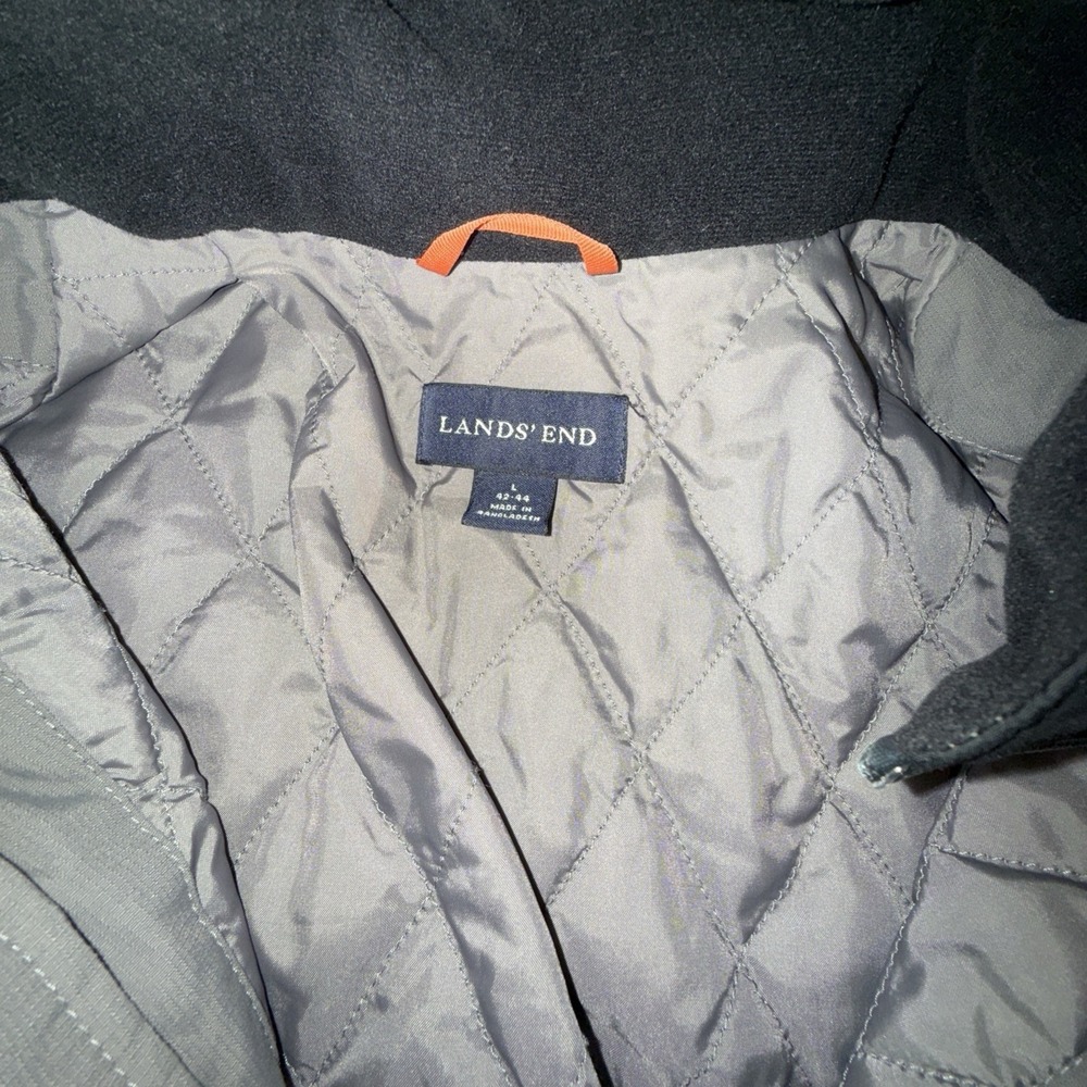 Lands End Jacket Mens Large Gray AquaCheck Thermolite Hooded Full Zip Nylon Coat - Picture 5 of 15